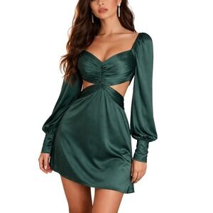 LUCCA Y2K Glam Emerald Green Satin‎ Cut-out Tie-Back Long Sleeve Mini Dress XS
